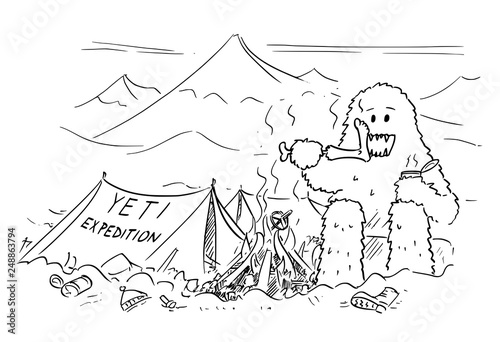 Cartoon drawing of Yeti enjoying devouring or eating alpinist or mountaineer in base camp of mountain climbing expedition looking for him.
