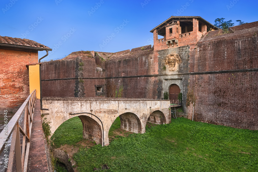 Pistoia, Italy. Arch bridge and entrance to fortezza Santa Barbara medieval fortress