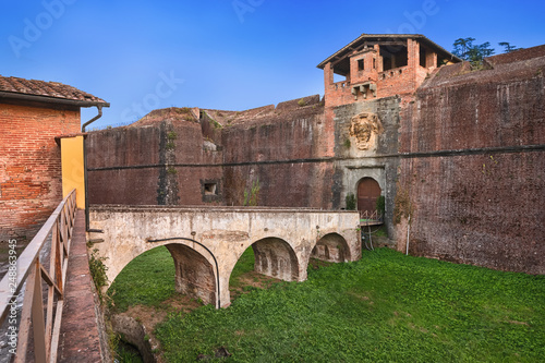 Pistoia  Italy. Arch bridge and entrance to fortezza Santa Barbara medieval fortress