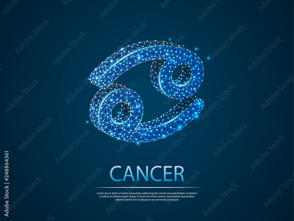 Cancer Zodiac low poly abstract illustration consisting of points, lines, and shapes in the form of planets, stars and the universe. Vector digit wireframe concept. business concept Cancer Zodiac low poly abstract illustration consisting of points, lines, and shapes in the form of planets, stars and the universe. Vector digit wireframe concept. business concept