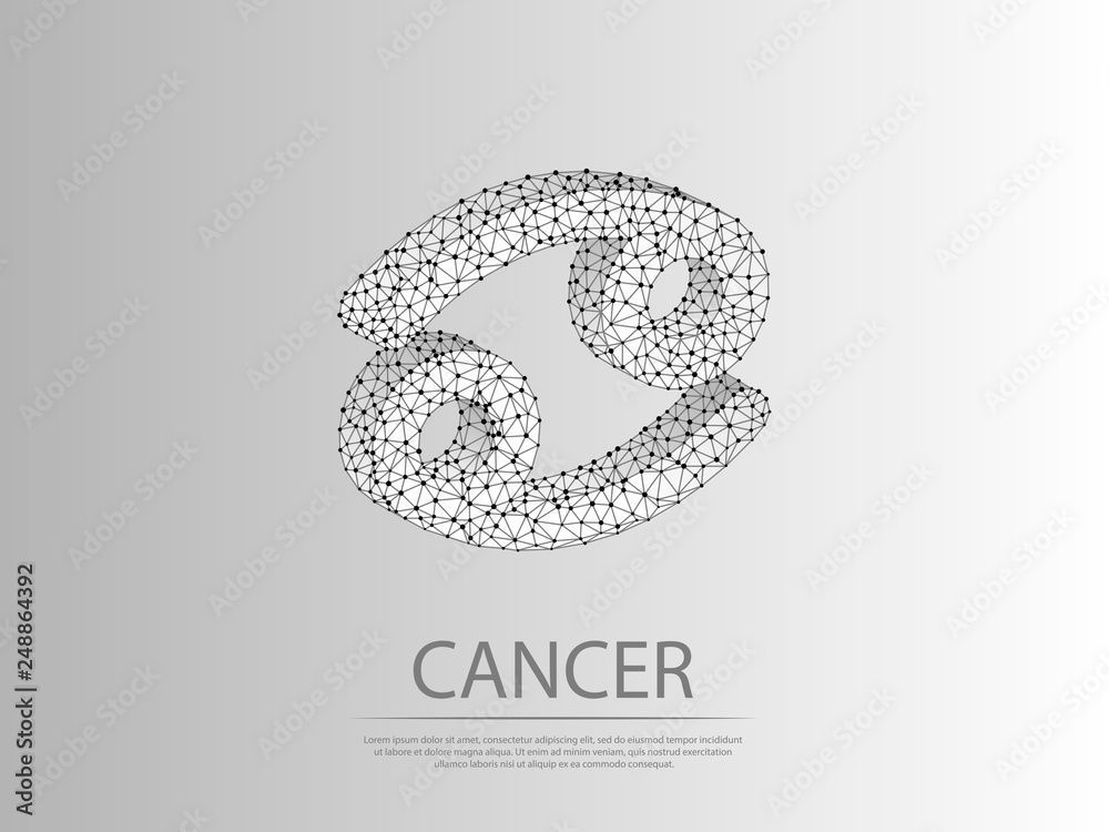 Fototapeta premium Cancer Zodiac low poly abstract illustration consisting of points, lines, and shapes in the form of planets, stars and the universe. Origami Vector digit wireframe concept.