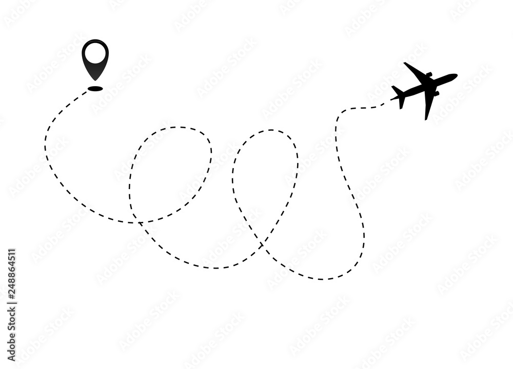 Airplane line path vector icon of air plane flight route dash line trace with start point . Airplane line path vector icon of air plane flight route dash line trace with start point .