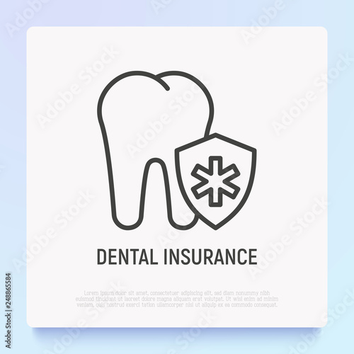 Dental insurance thin line icon  tooth under medical shield. Modern vector illustration.