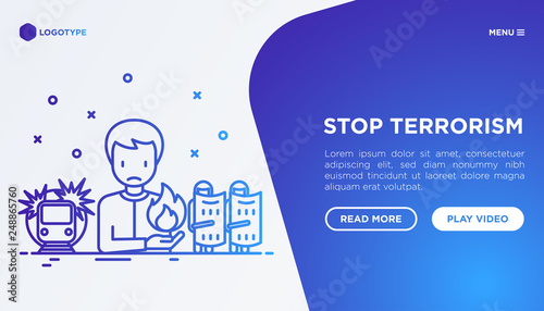 Stop terrorism web page template with thin line icons: national army, bomb attack. Vector illustration.