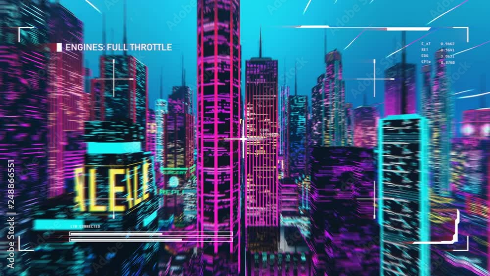 HUD of aircraft flying through futuristic city, pilot pov, neon lit skyscrapers. Synthwave 3D city, beautiful pink and purple background