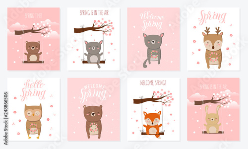 Vector poster collection with cute animals and spring slogan
