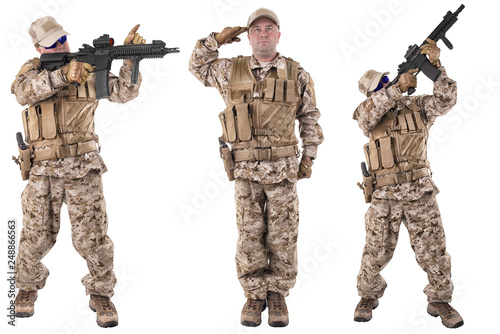 Valokuvatapetti Set of military soldiers in uniform, ready to fight