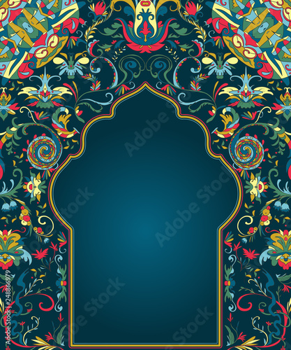 Arabic floral arch. Traditional islamic ornament. Mosque decoration design  element. Design template for greeting card, banner, poster, print. Vector illustration