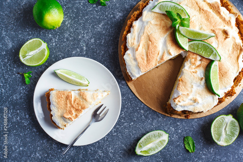 Key Lime Pie. Citrus pie with meringue, top view.