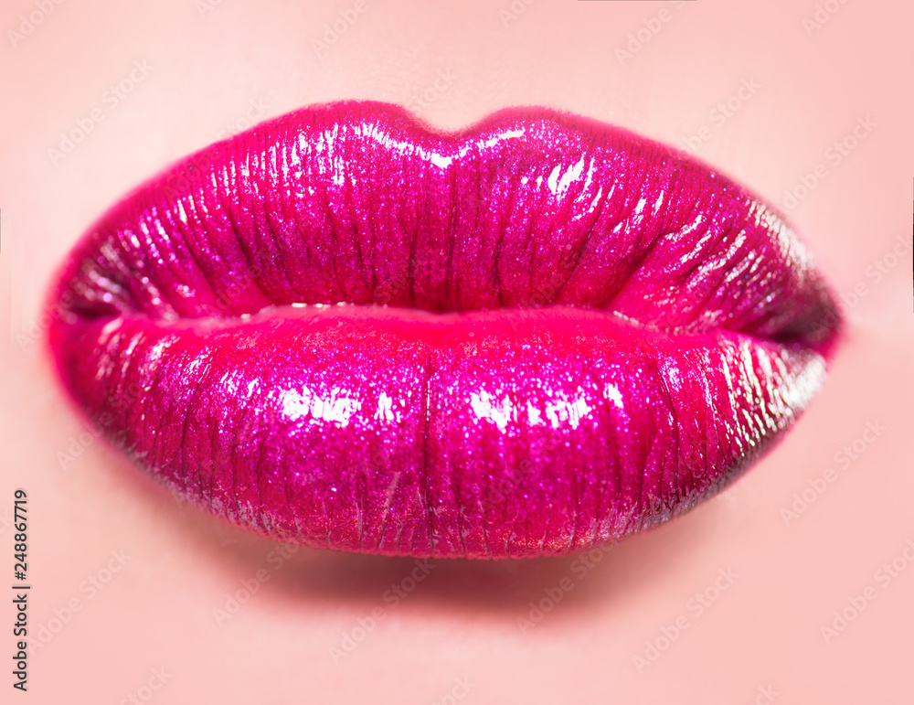 Sexy pink lips. Hot lipstick cosmetics. Full lips on woman face. Luxury  icon. Beautiful girl close up. Hyaluronic acid, procedure by a beautician  and makeup artist. Stock Photo | Adobe Stock