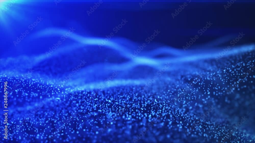 looped background of luminous particles, the theme of the microworld or space, science fiction or a beautiful mysterious background with shiny iridescent particles. Blue v12 curved lines