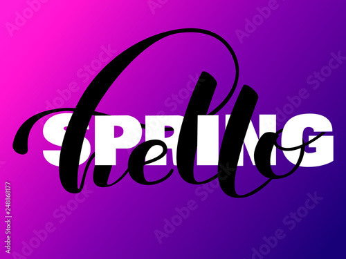 Hello spring brush lettering. Vector illustration
