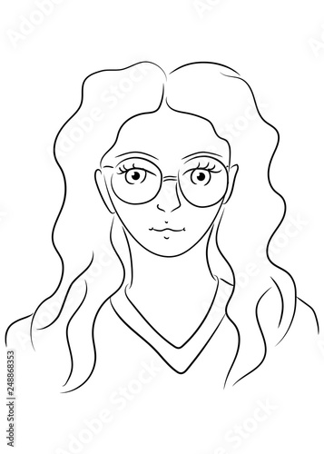 cute young woman with long hair wearing big glasses, farsighted