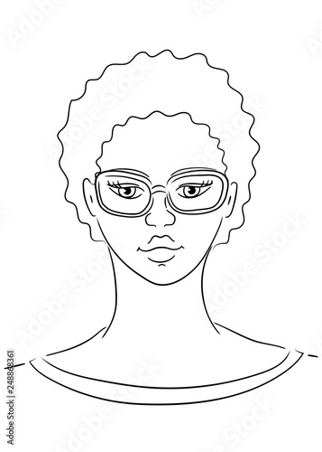 cute young woman with afro wearing fashionable glasses, shortsighted