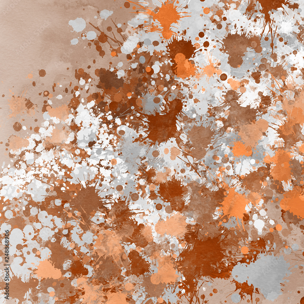 Fototapeta premium Orange paint splatter effect texture on gray paper background. Artistic backdrop. Different paint drops. Rusted metal.