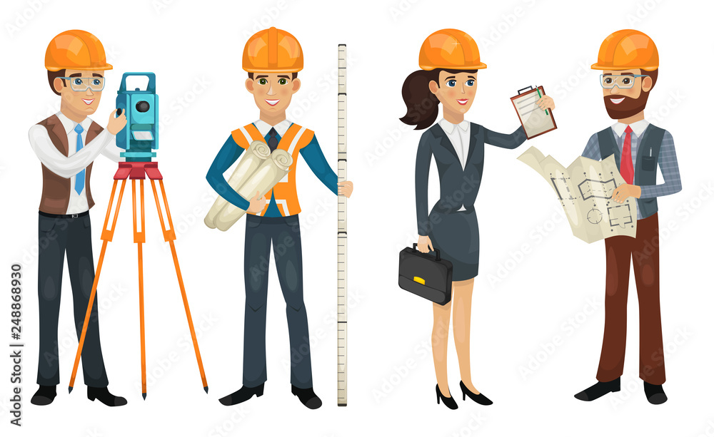 Civil engineer, surveyor, architect and construction workers isolated illustration.