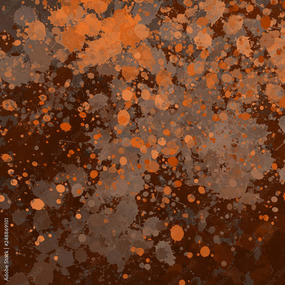 Fototapeta premium Orange paint splatter effect texture on gray paper background. Artistic backdrop. Different paint drops. Rusted metal.