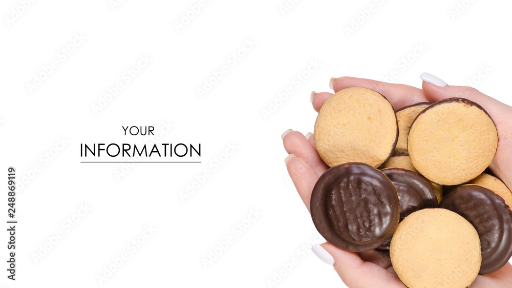 Cookies in chocolate in hand pattern on white background isolation, top view Cookies in chocolate in hand pattern on white background isolation, top view
