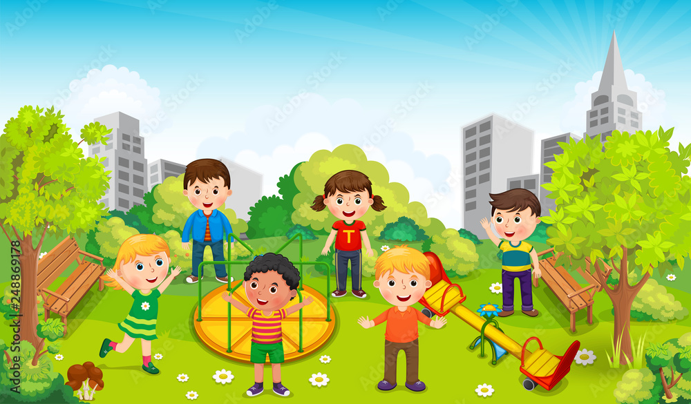 Naklejka premium Children playing in the middle of the park against the backdrop of the city. Illustration