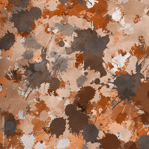 Orange paint splatter effect texture on gray paper background. Artistic backdrop. Different paint drops. Rusted metal.