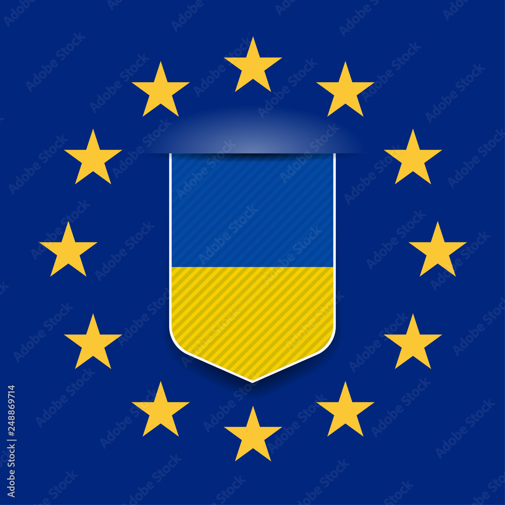 European Union & Ukraine flags shield sign illustration concept European Union & Ukraine flags shield sign illustration concept