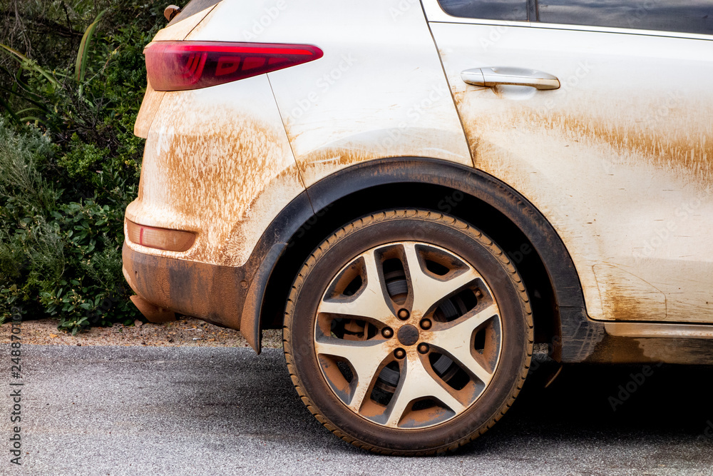 Extremely dirty SUV car parked near the bush after the adventure