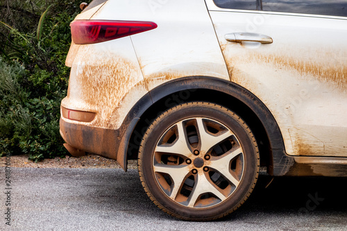 Obraz na płótnie Extremely dirty SUV car parked near the bush after the adventure w salonie