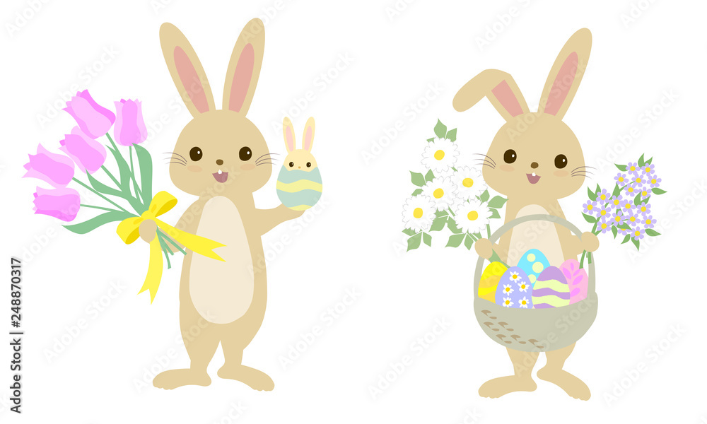 イースターのウサギとタマゴ 花いっぱい Stock イラスト Adobe Stock