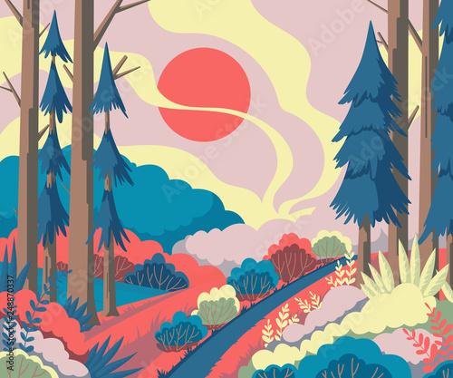 Spring landscape with trees, fir trees, plants, bushes, flowers. Beautiful scenery background. Colorful vector illustration