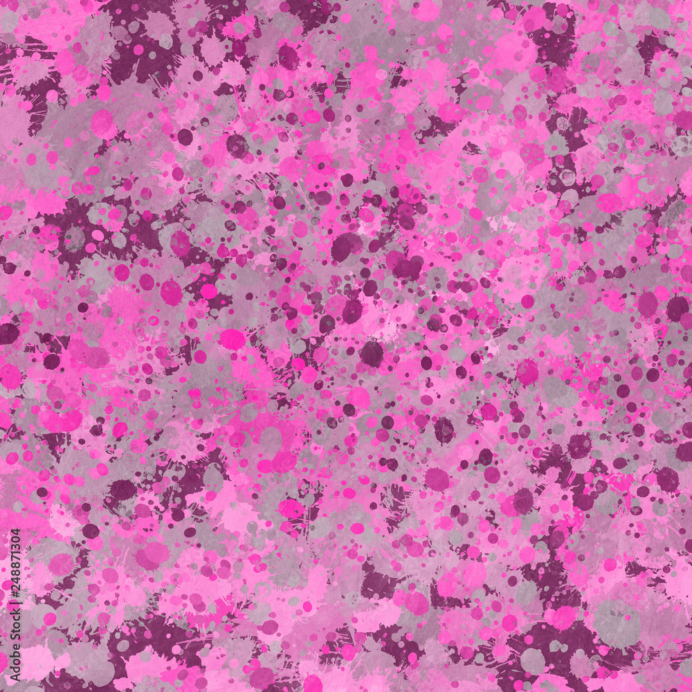 Pink paint splatter effect texture on gray paper background. Artistic backdrop. Different paint drops. Rusted metal.