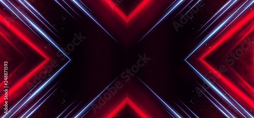 Fototapeta Naklejka Na Ścianę i Meble -  Background wall with neon lines and rays. Background of an empty dark corridor with neon light. Abstract background with lines and glow.
