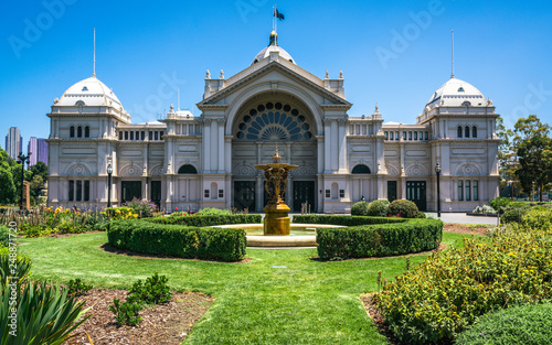 Royal Exhibition Building east side and Carlton Gardens with fountain view in Melbourne VIC Australia