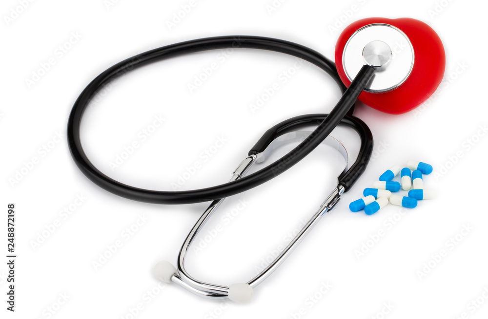 Medical, stethoscope pills and heart on a white background Medical, stethoscope pills and heart on a white background
