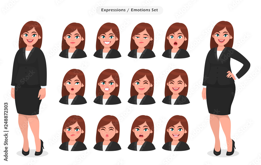 Set of different face expressions/emotions for female cartoon character. Beautiful  woman emoji/avatar with various facial expressions. Human emotion concept  illustration in vector cartoon style. Stock Vector | Adobe Stock