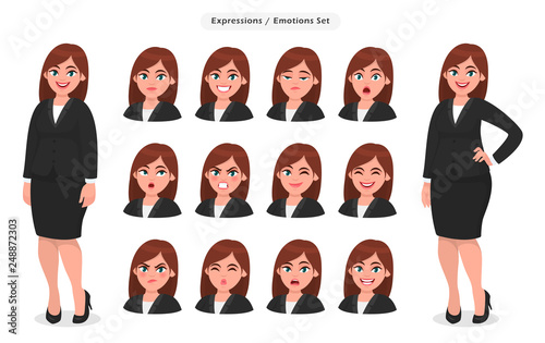 Set of different face expressions/emotions for female cartoon character. Beautiful woman emoji/avatar with various facial expressions. Human emotion concept illustration in vector cartoon style.