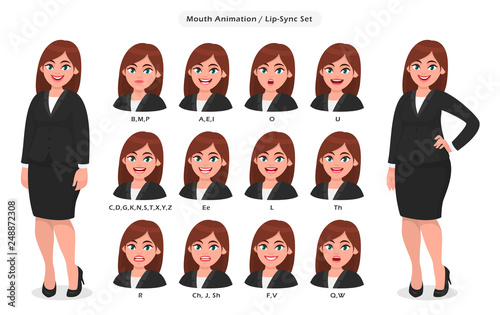 Businesswoman's lip sync, animated phonemes collection for animation. Set of various mouth animation for female cartoon character illustration. Woman's lips speaking animations in English language.