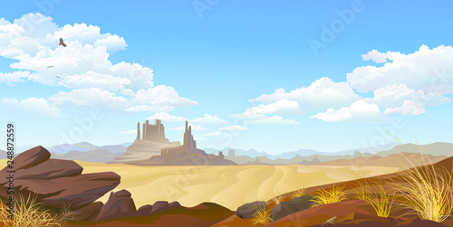 A vulture flying across the desert landscape. Over view of a flat desert landscape. 