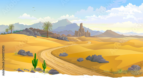 Sand dunes across hot Australian desert, summer time, mountains, cactus and cliffs.