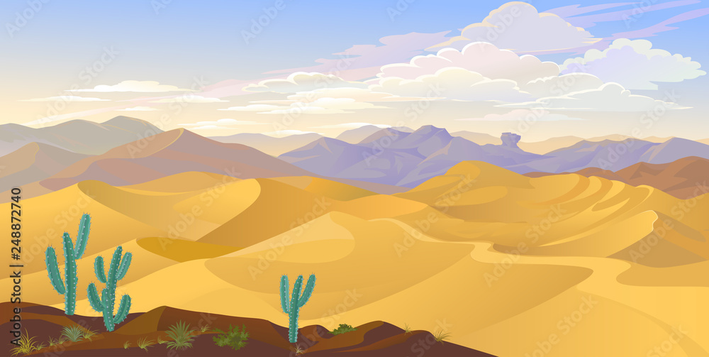 Dry desert on a dusty hot afternoon with cactus, rocks and mountains