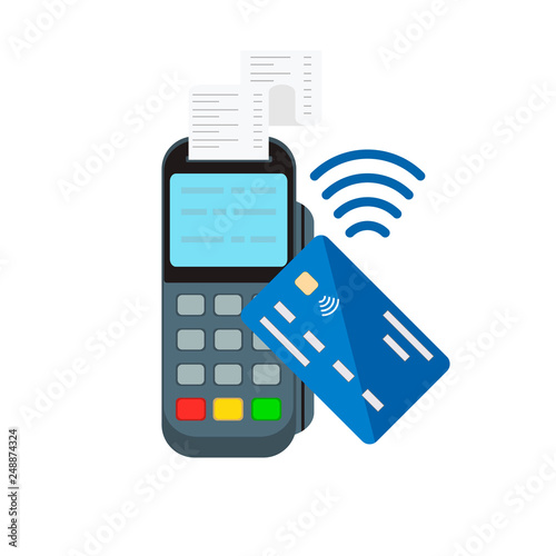 Contactless or wireless payment with posterminal and credit card . Flat style vector illustration.