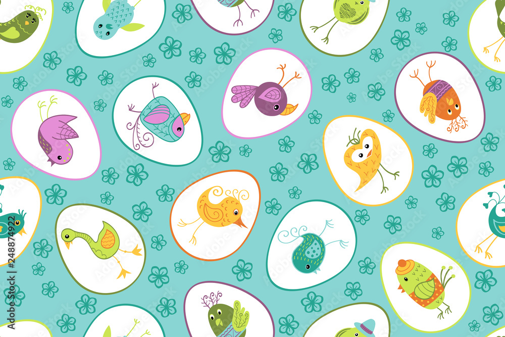 Seamless pattern with Easter eggs and funny birds. Vector background for fabric, textile, wallpaper, posters, gift wrapping paper, napkins, tablecloths, pajamas. Print for kids, children, baby