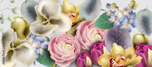 Flowers bouquet Vector watercolor. Delicate seasonal background. Beautiful sp...