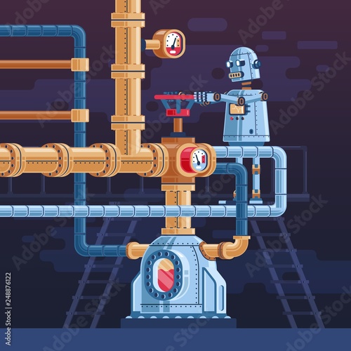 The robot turns the valve on the pipeline