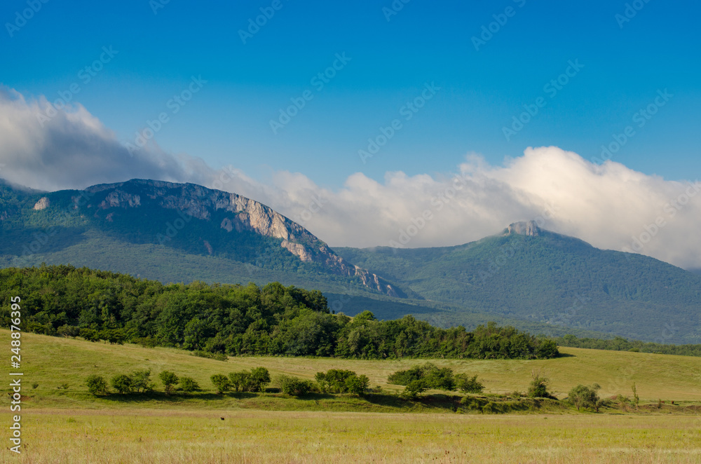 Naklejka premium Ukrainian Crimean rural landscape under blue sky summer sunny day