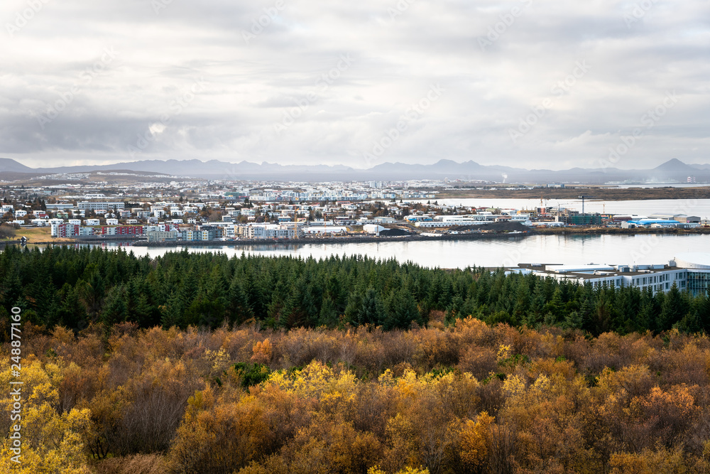 View of a Neighbourhood of Reykjavik, Iceland, with a Wooded Park in Foreground and Mountain in Background on an Overcast Autumn Morning