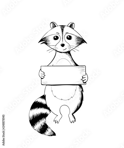 Raccoon holding a sign. Wildlife animal. Illustration with place for text