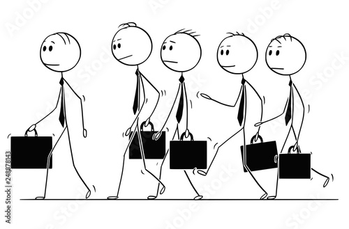 Cartoon stick figure drawing of group of businessmen in suits and briefcases or notebooks walking together as team.