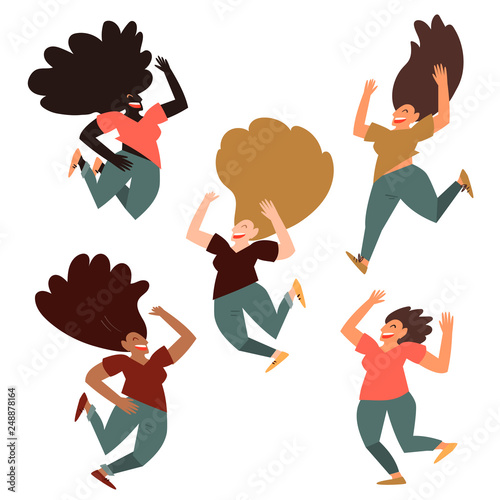 Vector hand drawn illustration of happy group of women of different race jumping in air dancing isolated on white. International women day.