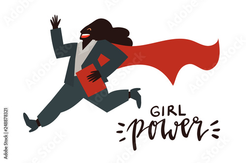 Fototapeta Naklejka Na Ścianę i Meble -  Girl power - celebration card template vector with handwritten lettering and hand drawn illustration of happy business woman in super hero cape running isolated on white.