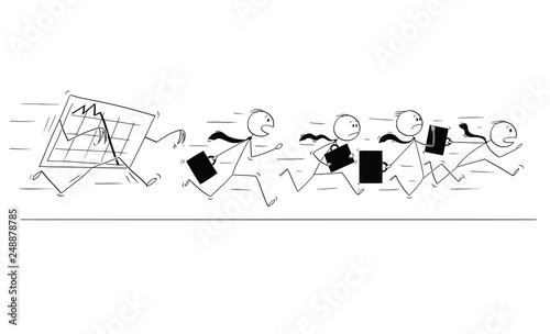 Cartoon stick figure conceptual drawing of group of businessmen in suits and briefcases or notebooks running together in panic away from falling graph or chart.